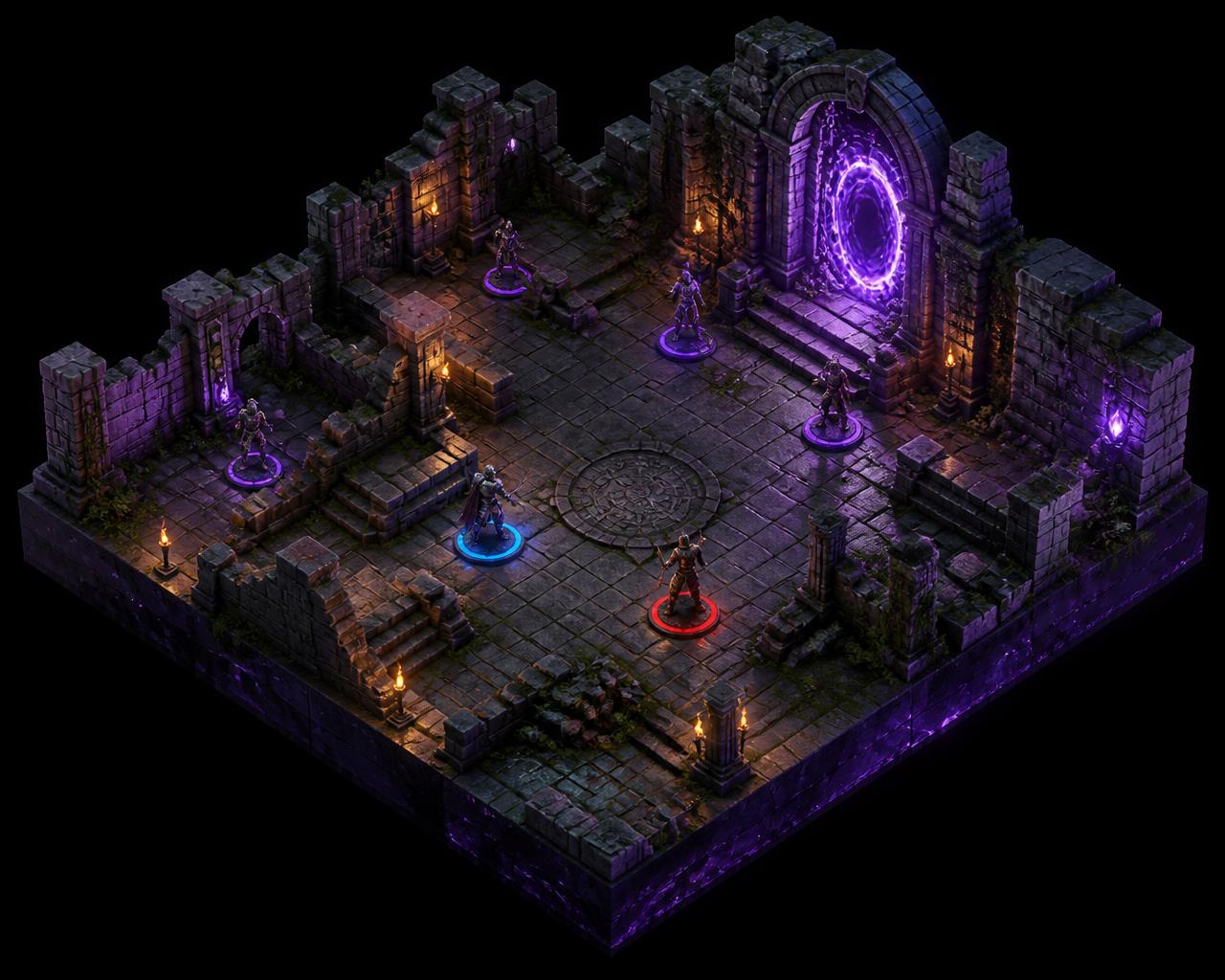Mapa 3D isométrico de masmorra com miniaturas e portal mágico roxo